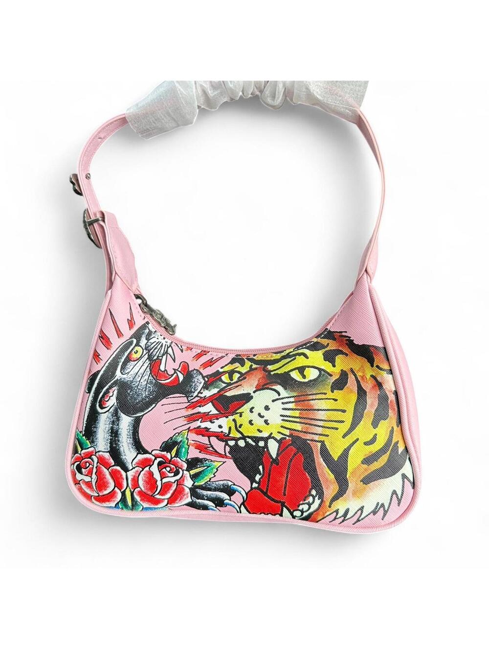 NWT Ed Hardy x Siberia Hills Pink Shoulder Bag Tiger Panther Snake Hardware